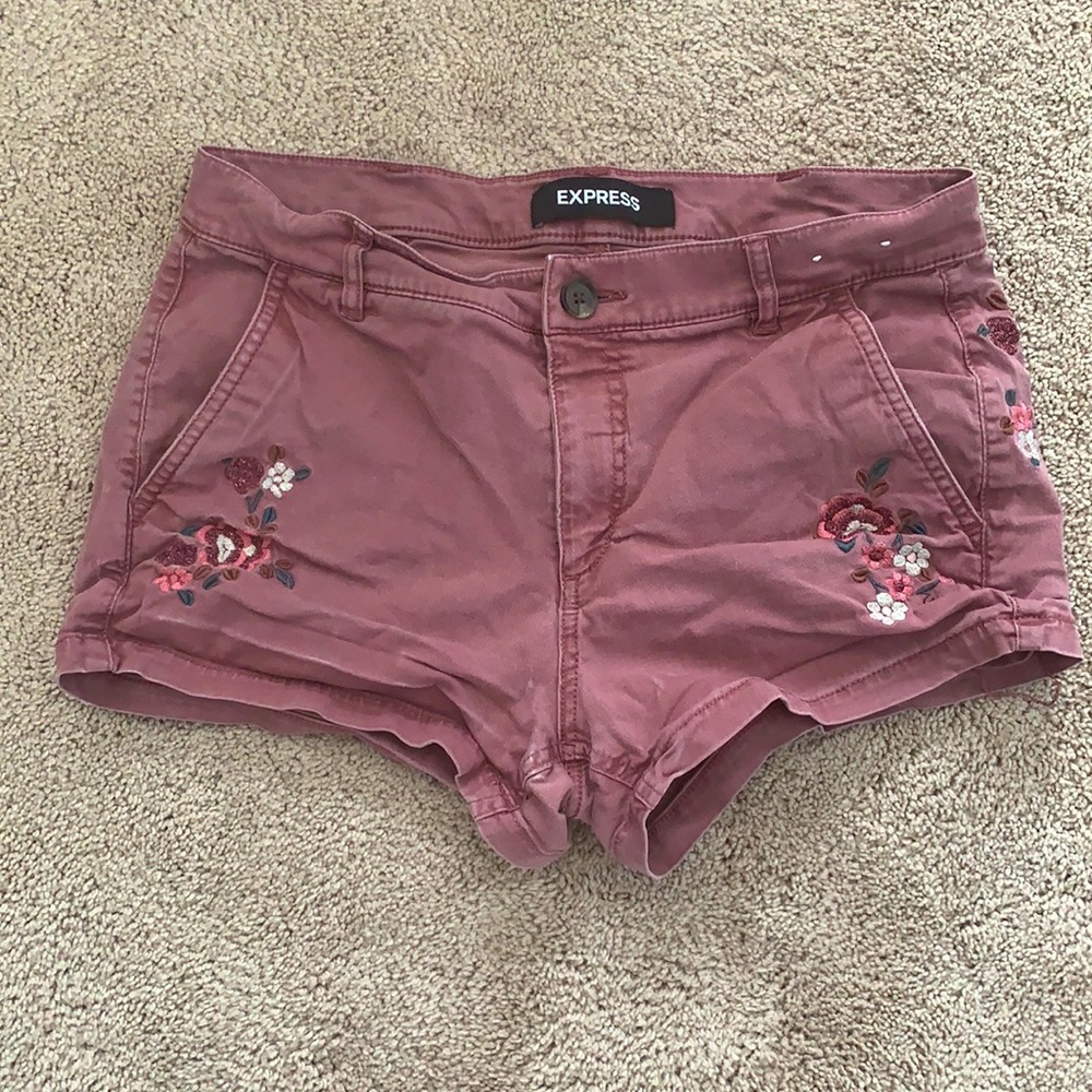 Mid rise jean shorts.